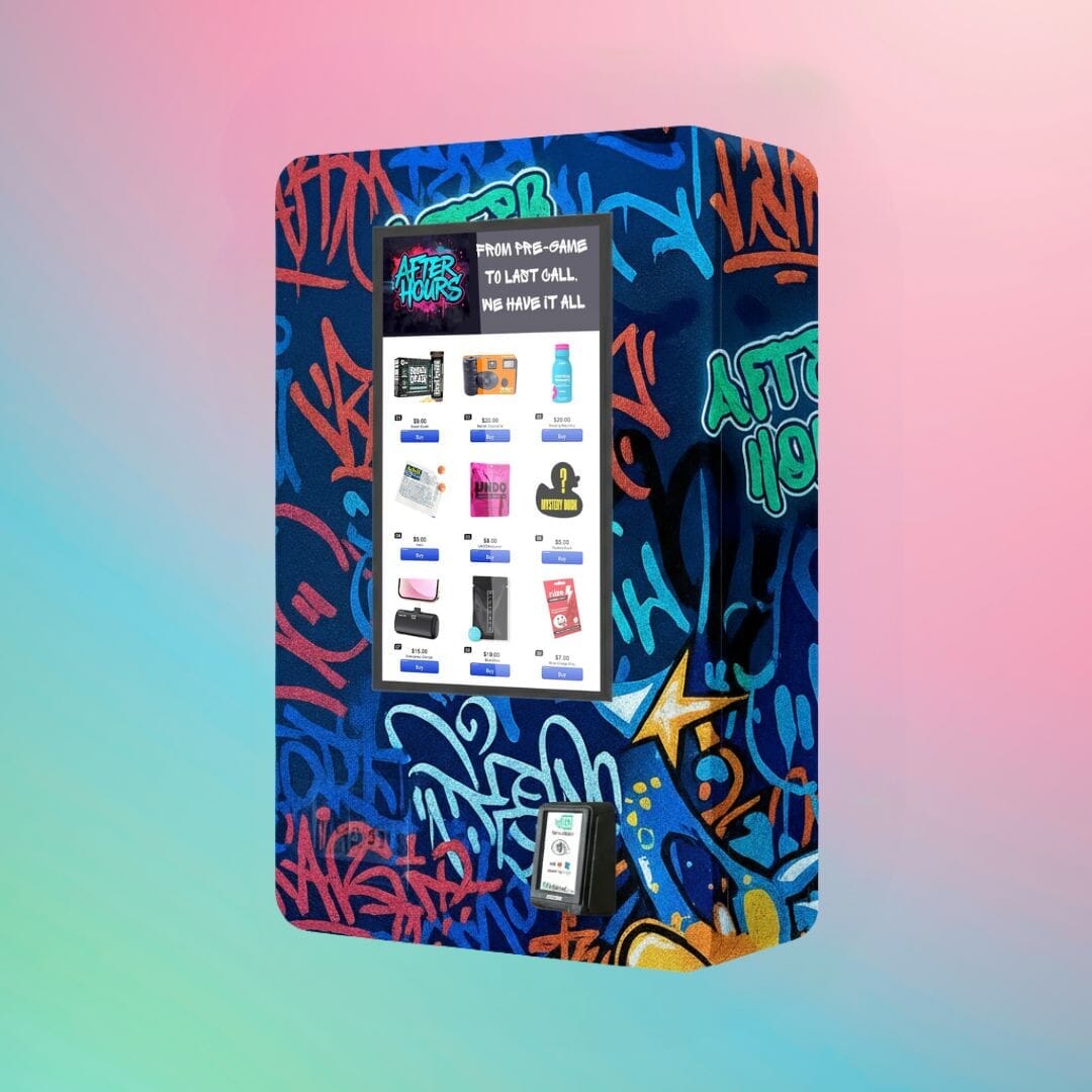 After Hours Mini Wall — a compact, wall-mounted vending machine with a graffiti-style design, displaying vape products, nicotine pouches, energy strips, recovery drinks, and lifestyle essentials on a bright gradient background.
