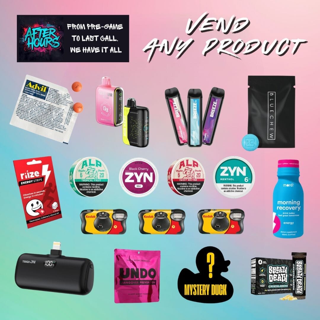 Flat lay of assorted vape and lifestyle products including disposable vape pods, nicotine pouches (ZYN, ALP), energy strips, Advil packet, disposable Kodak cameras, phone charger, morning recovery drink, and hangover prevention products on a colorful gradient background.