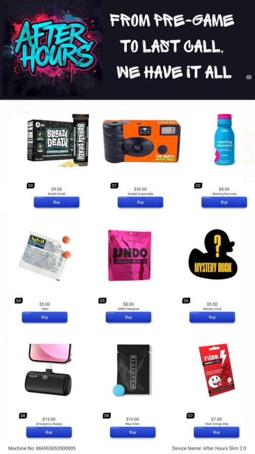 After Hours Slim 2.0 vending machine touchscreen menu showing available products including Advil, Breath Death gum, Kodak camera, Undo hangover aid, Mystery Duck surprise item, emergency charger, and more.