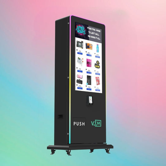 After Hours Slim Tower 2.0 — high-capacity vape vending machine with glowing LED edges, digital interface, and secure locking, angled right.