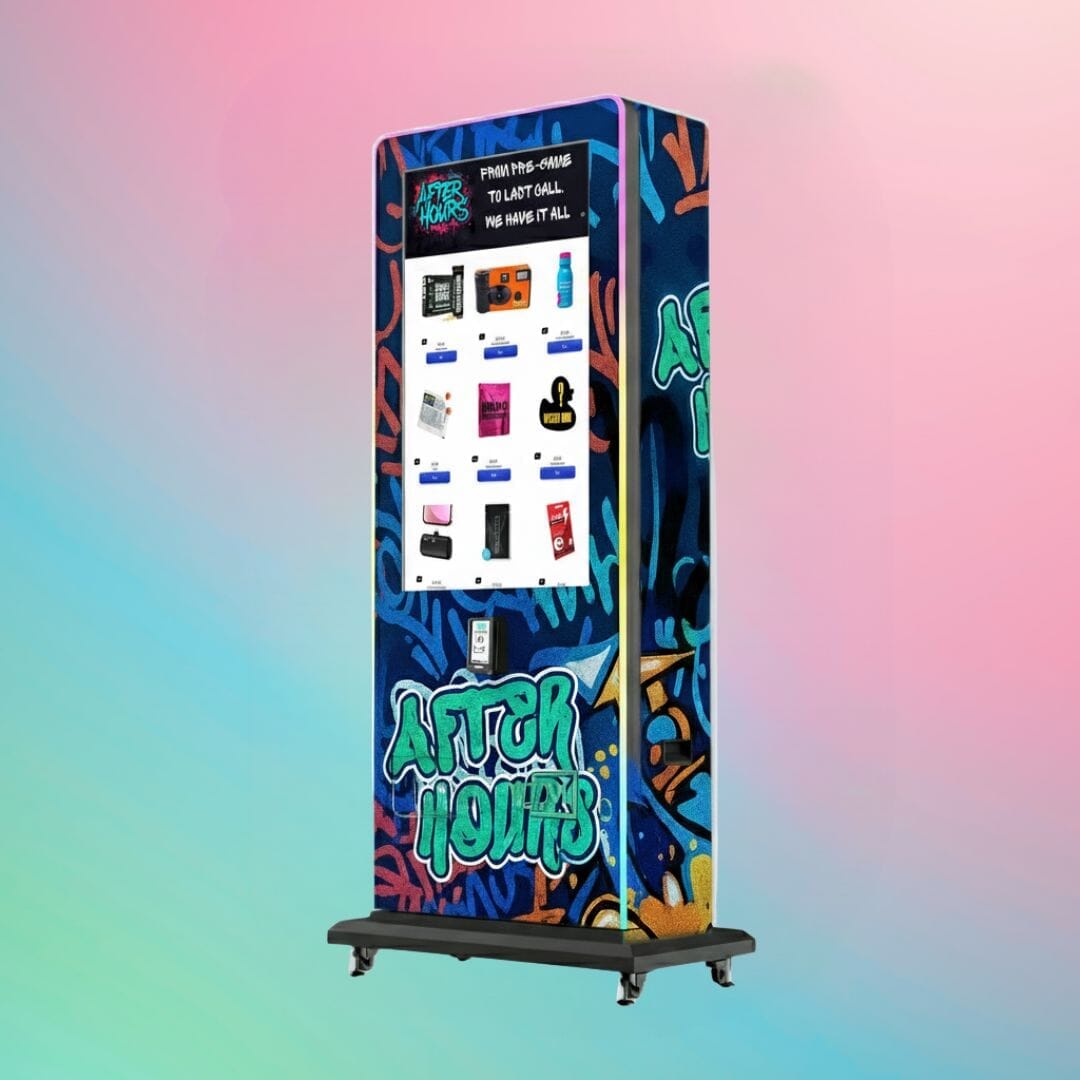 After Hours Slim Tower 2.0 — sleek graffiti-wrapped digital vending machine with 43-inch touchscreen for nightlife venues, by VapeTM.