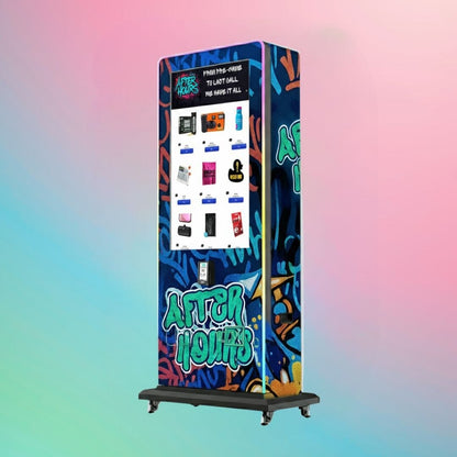 After Hours Slim Tower 2.0 — sleek graffiti-wrapped digital vending machine with 43-inch touchscreen for nightlife venues, by VapeTM.