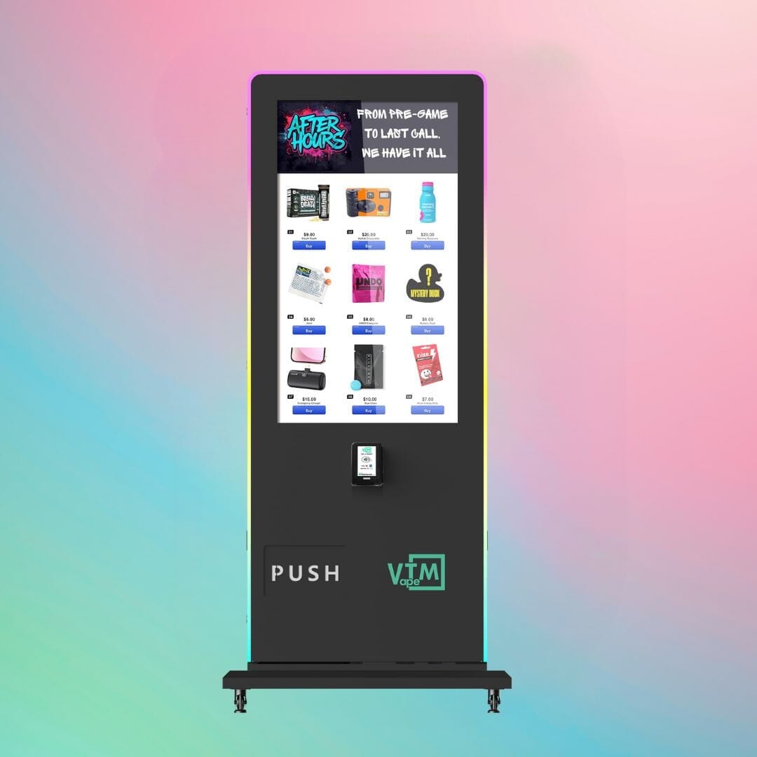 After Hours Slim Tower 2.0 — sleek black digital vape vending machine with large touchscreen display, card payment reader, and LED accent lights, front view.