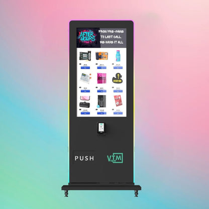 After Hours Slim Tower 2.0 — sleek black digital vape vending machine with large touchscreen display, card payment reader, and LED accent lights, front view.