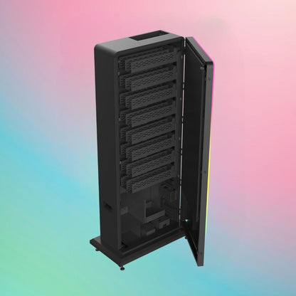 After Hours Slim Tower 2.0 — tall digital vape vending machine with 43-inch touchscreen, LED side lights, and size specs: height 73.7 inches, width 33.2 inches, depth 17.5 inches.