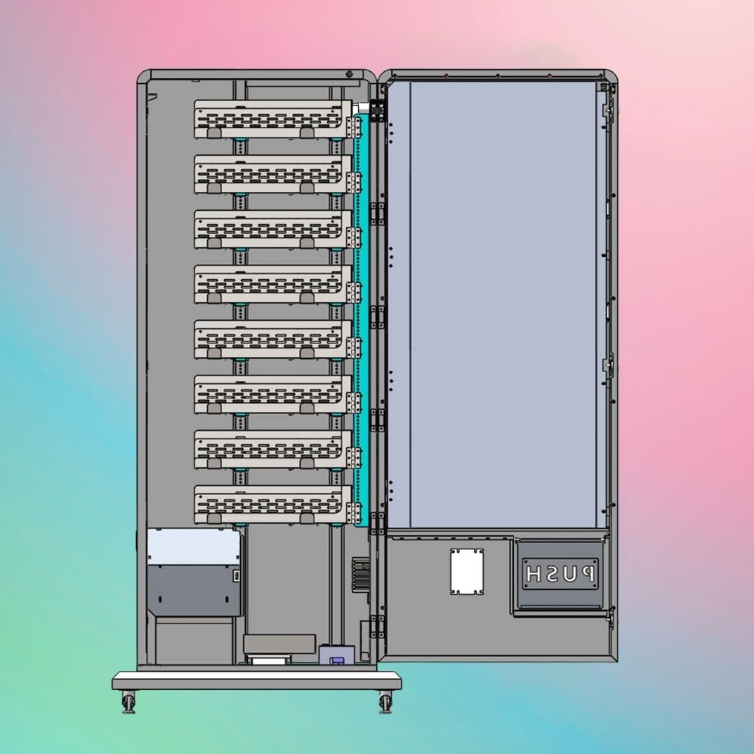 After Hours Slim Tower 2.0 — technical X-ray cutaway showing internal shelf system, electronic components, and product dispensing mechanism.