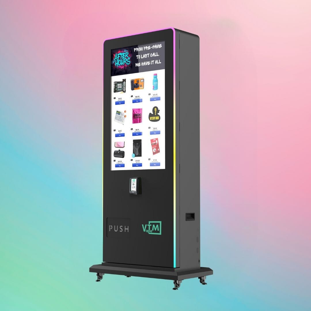After Hours Slim Tower 2.0 — tall digital vape vending machine with 43-inch touchscreen, LED side lights, and size specs: height 73.7 inches, width 33.2 inches, depth 17.5 inches.