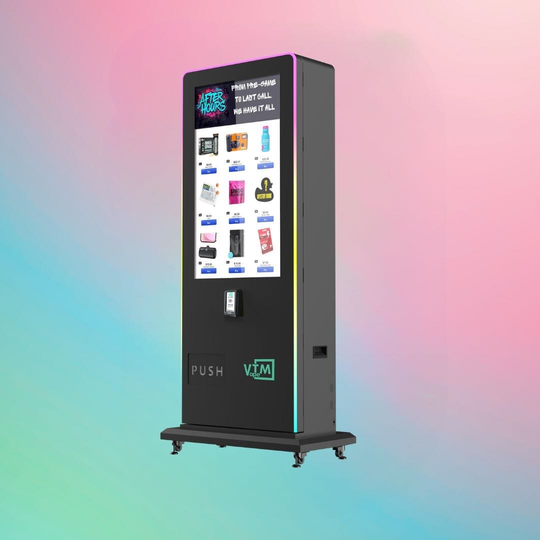 After Hours Slim Tower 2.0 — modern LED-lit vape vending machine with 43-inch touchscreen and secure payment system, angled left.