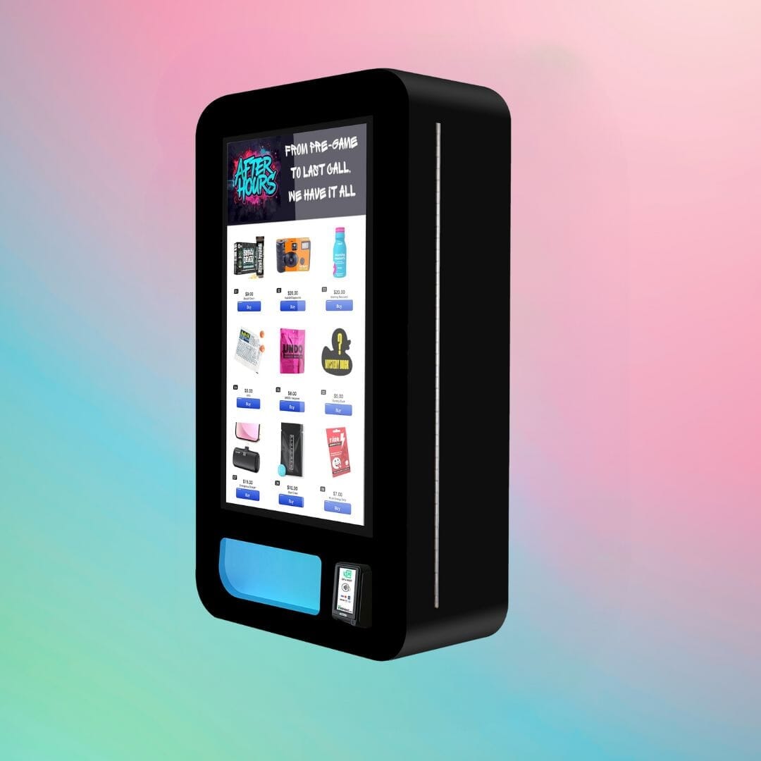 After Hours Slim Wall — compact black wall-mounted vending machine showing side profile with secure casing and digital touchscreen.