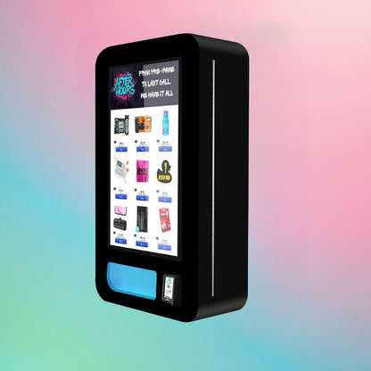 After Hours Slim Wall — compact black wall-mounted vending machine showing side profile with secure casing and digital touchscreen.