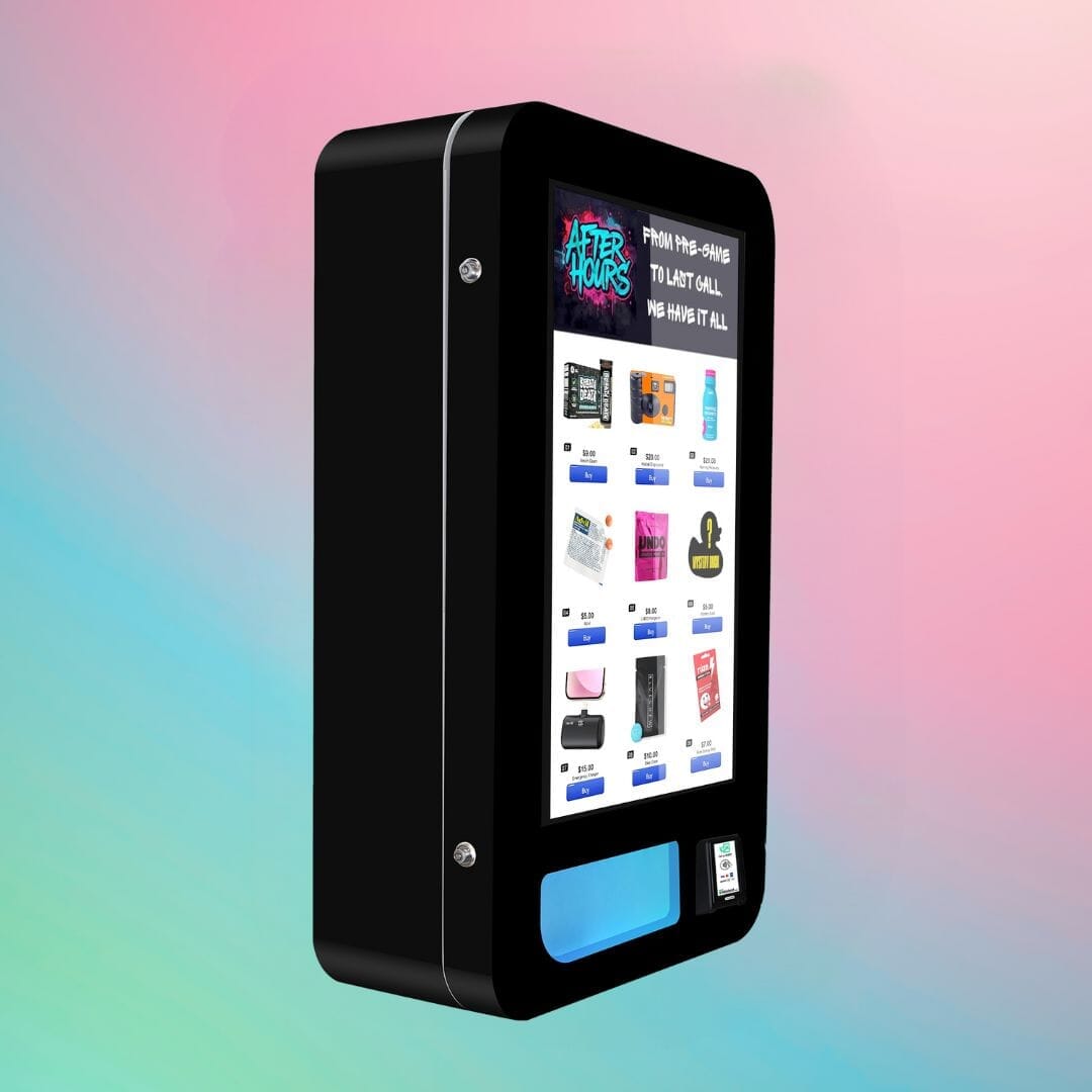 After Hours Slim Wall — minimalist black wall-mounted vape vending machine with touchscreen menu and card reader, angled right view.