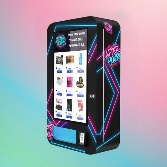 After Hours Slim Wall — sleek wall-mounted vape vending machine with neon geometric light design, touchscreen menu, and payment reader, angled view.