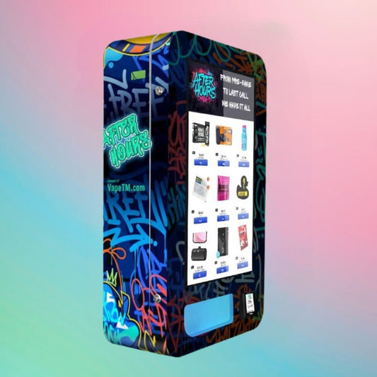 After Hours Slim Wall nightlife vape vending machine by VapeTM with graffiti wrap, touchscreen display, and cashless payment system