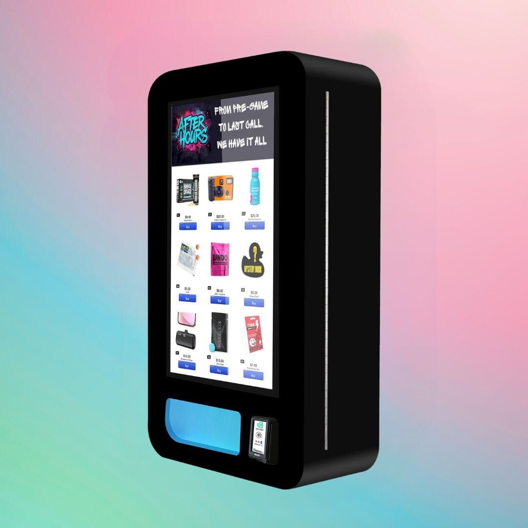 After Hours Slim Wall — modern black wall-mounted vape vending machine with digital screen and glowing blue dispense slot, angled left view.