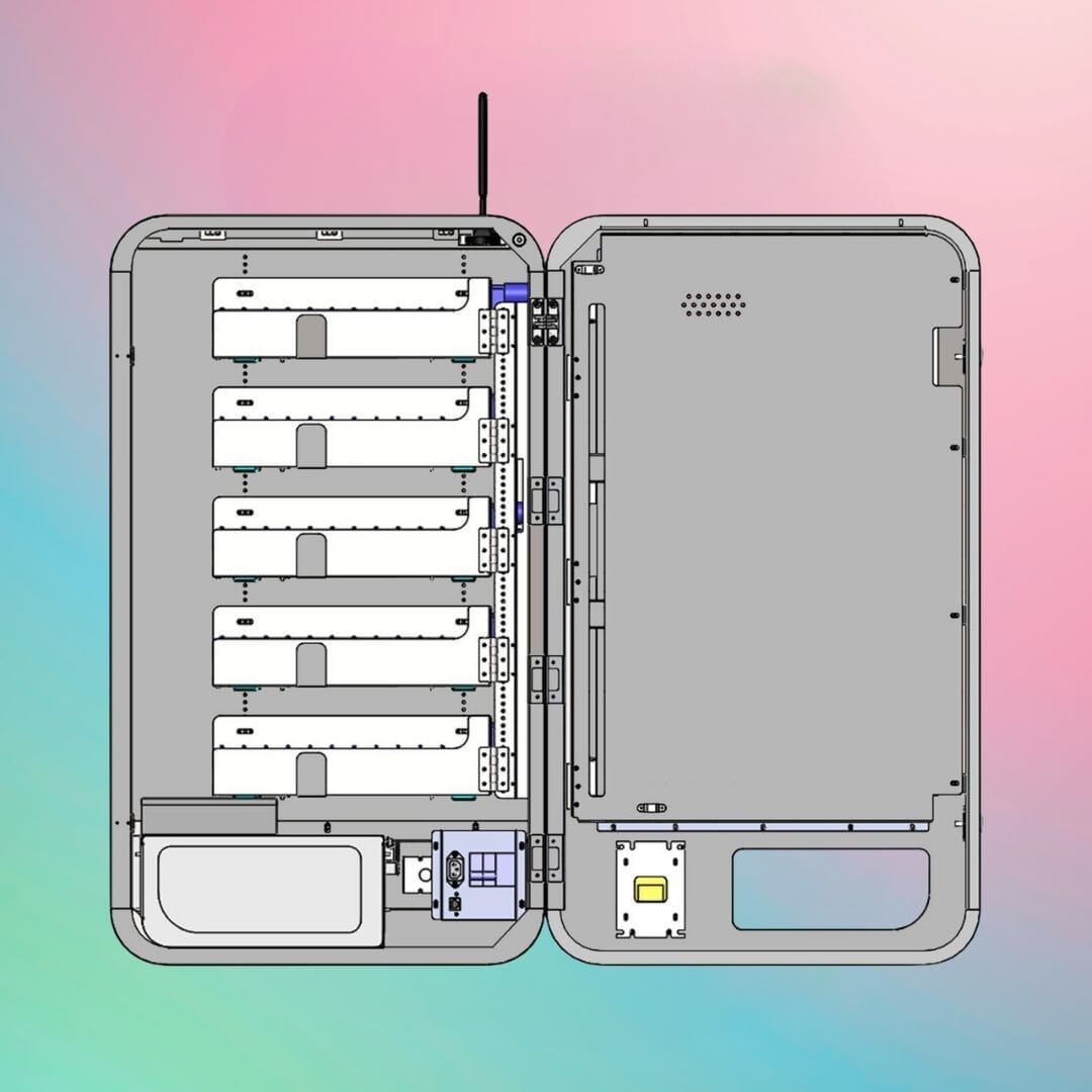 After Hours Slim Wall — technical cutaway diagram showing internal shelf layout, wiring, and dispensing system.