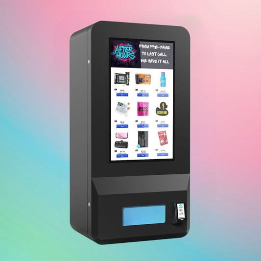 Right angled view of the VapeTM Weather Wall outdoor waterproof vape vending machine on mint green background.