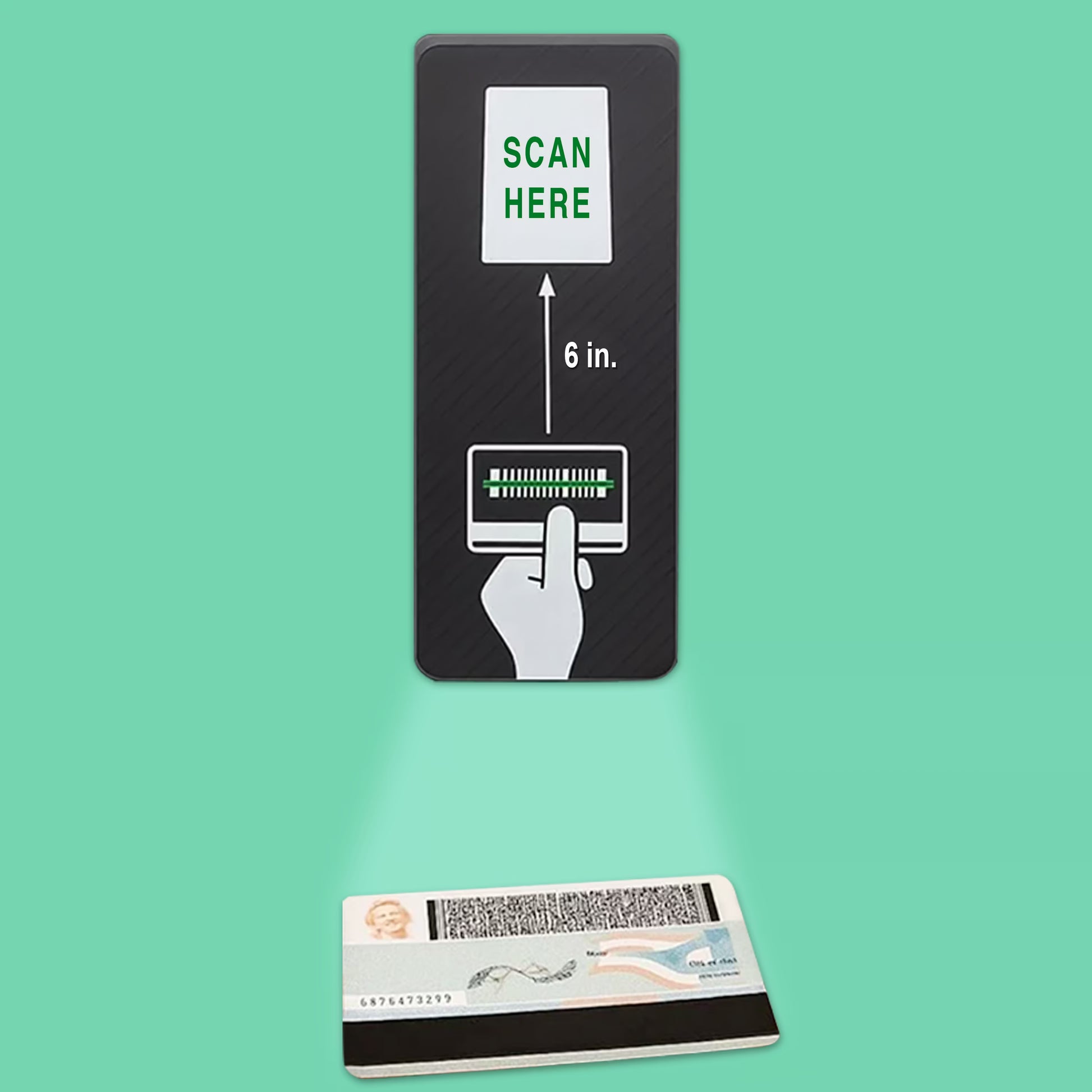 Age verification ID scanner for vending machine displaying scan here prompt with driver's license barcode reading