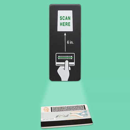 Age verification ID scanner for vending machine displaying scan here prompt with driver's license barcode reading