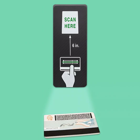 Age verification ID scanner for vending machine displaying scan here prompt with driver's license barcode reading