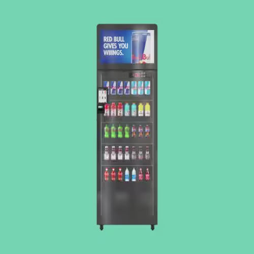 AI smart cooler with LCD display, glass door beverage showcase stocked with energy drinks