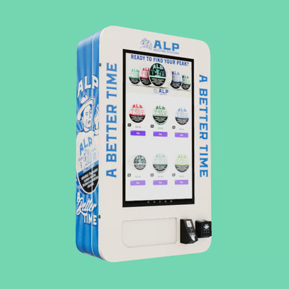 The ALP Lifter nicotine pouch-only vending machine featuring touchscreen product selection and Nayax VPOS Touch card reader