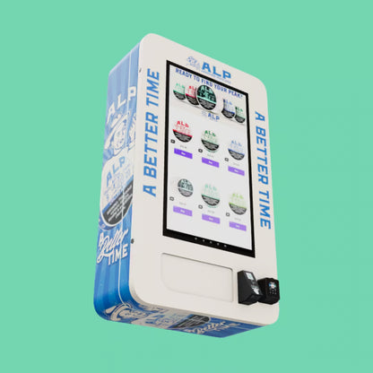 Angled front view of ALP Lifter nicotine pouch vending machine with touchscreen product menu and built-in Nayax VPOS Touch Card Reader
