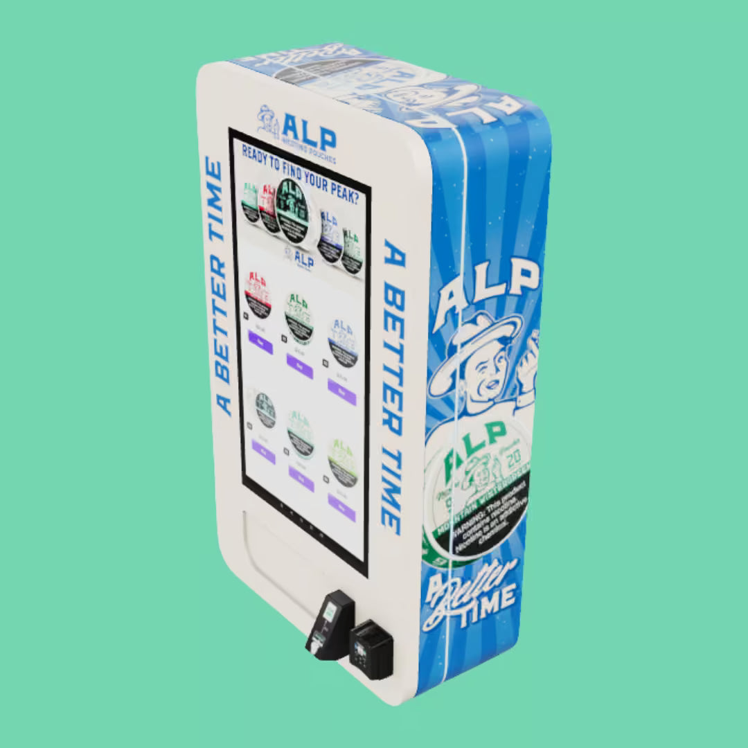 Side angle ALP Lifter nicotine pouch vending machine with digital touchscreen interface and integrated cashless payment terminals