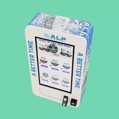 Top angled view of ALP Lifter nicotine pouch vending machine with digital touchscreen product selection and built-in Nayax VPOS Touch Card Reader