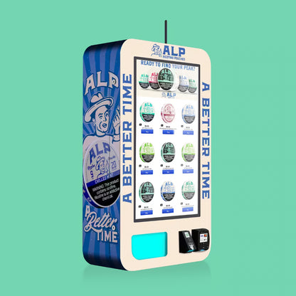 ALP nicotine pouch Slim Wall vending machine with touchscreen menu, branded wrap, and integrated Nayax card reader for cashless payments.