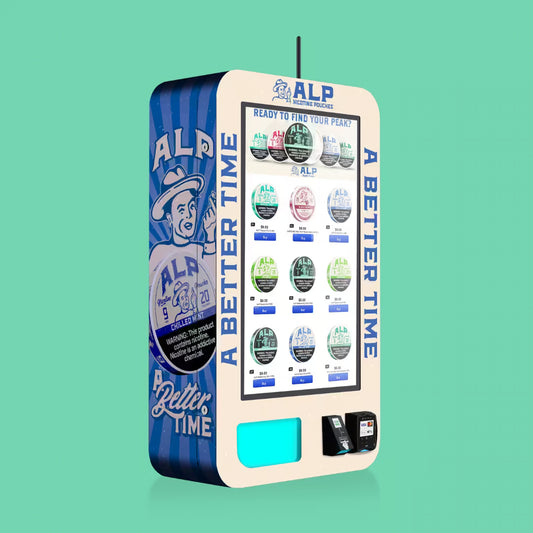 ALP nicotine pouch Slim Wall vending machine with touchscreen menu, branded wrap, and integrated Nayax card reader for cashless payments.