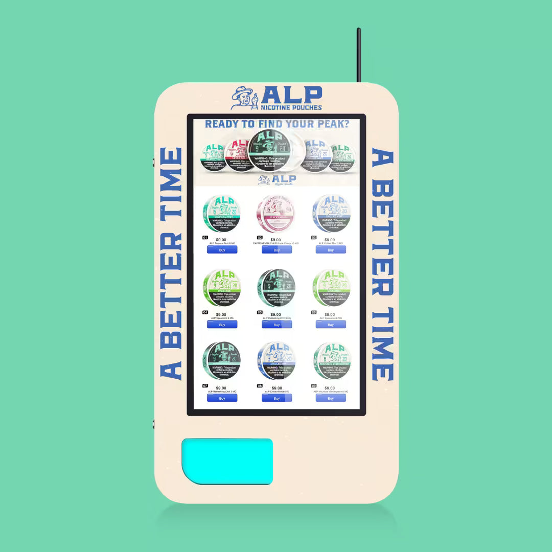 Front view of ALP nicotine pouch vending machine with 32-inch touchscreen display showing product selection and purchase options.