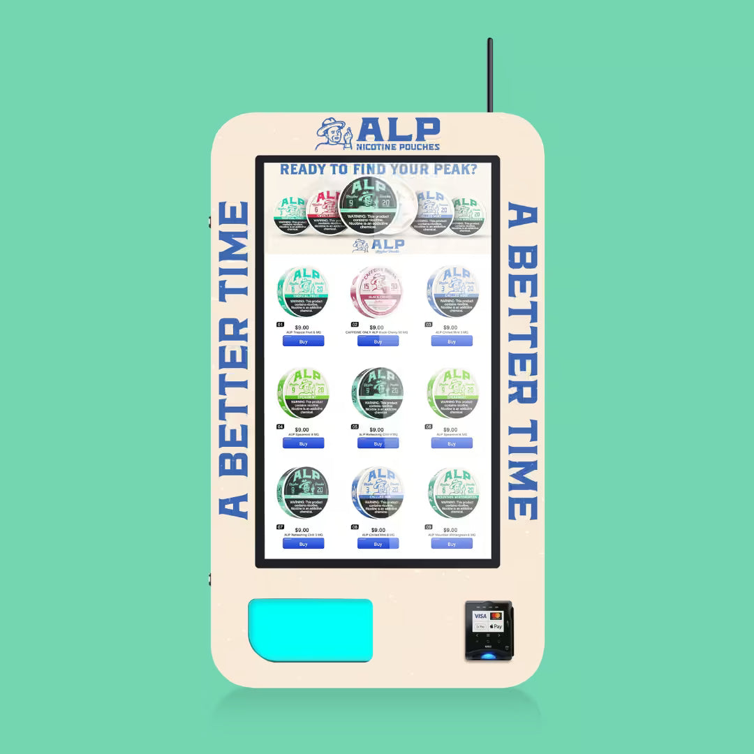 ALP vending machine displaying nicotine pouch flavors on touchscreen interface with easy product selection and checkout options.