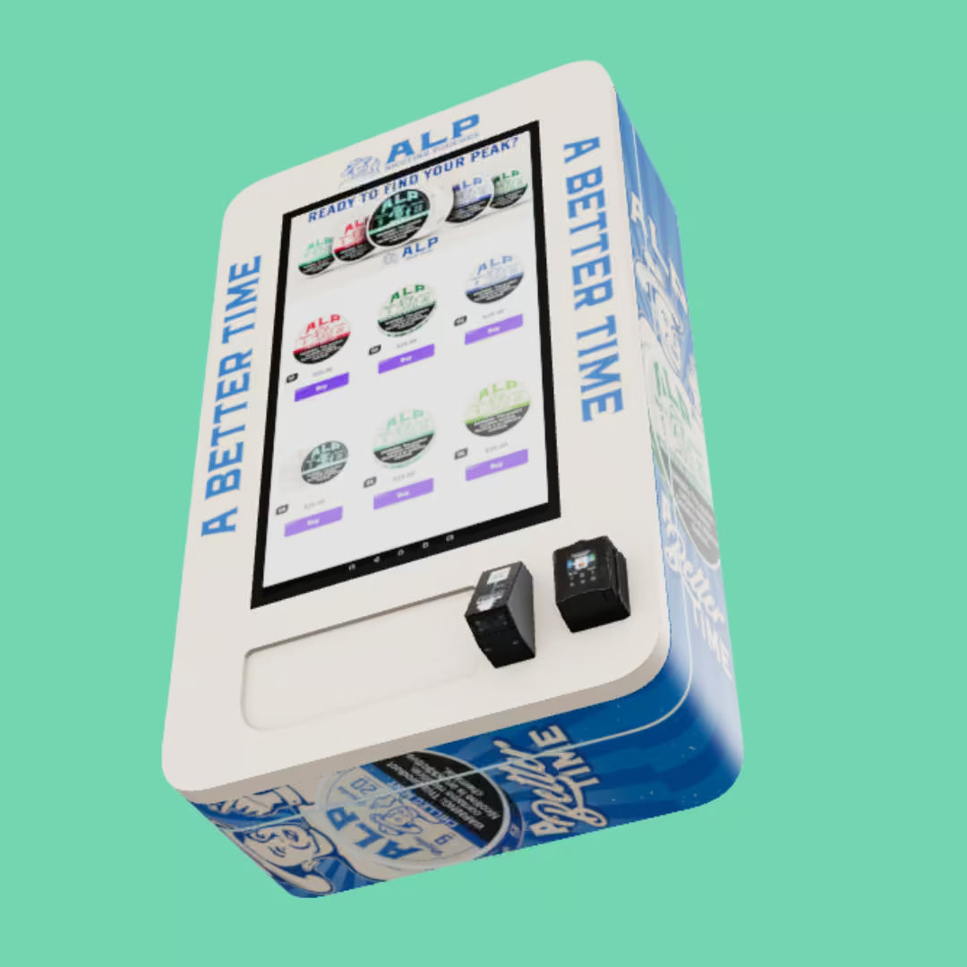 America’s first nicotine pouch-only vending machine, the ALP Lifter, featuring digital product selection and secure payment integration