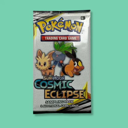 Cosmic Eclipse Sun & Moon TCG sampling pack showcasing Pokemon Lillipup, Oddish, and Tepig with 3 additional game cards included