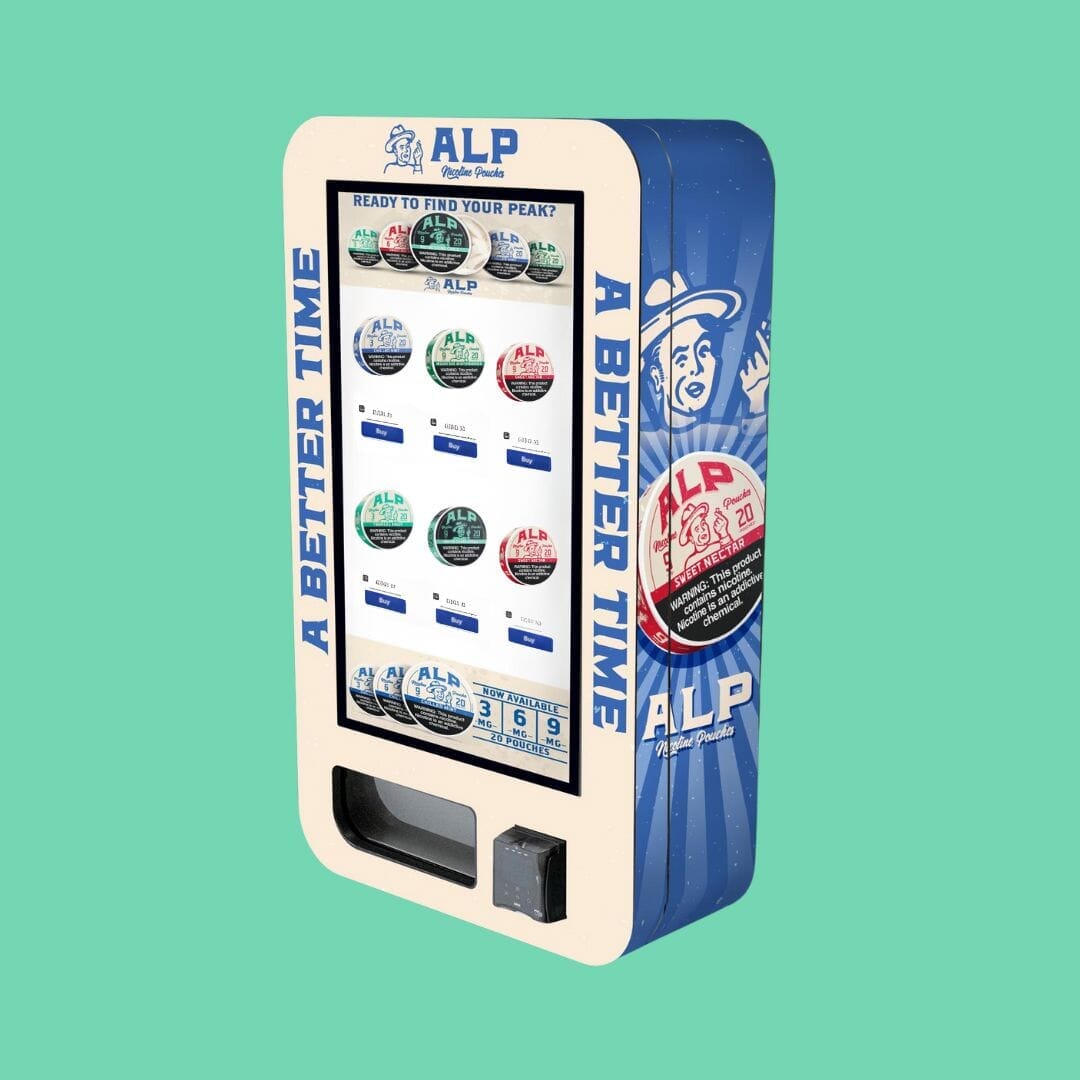 ALP nicotine pouch slim wall vending machine with white front, blue ALP branding, touchscreen product menu, and dispensing bay.