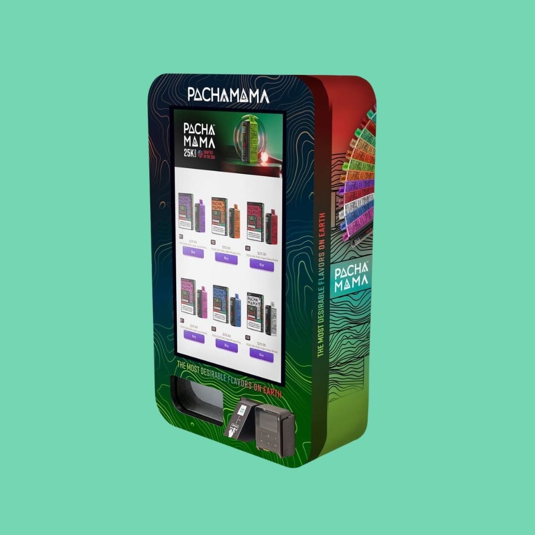Pachamama branded vape vending machine with green and black custom wrap, touchscreen product menu featuring Pachamama disposables, and payment reader.