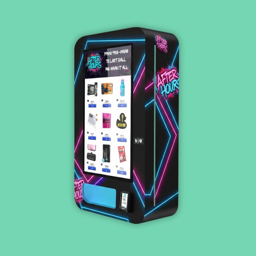 After Hours slim wall vending machine with neon-style wrap, large touchscreen product menu, and front card reader.
