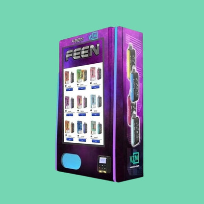 FEEN branded Mega Wall vape vending machine with purple wrap, touchscreen menu displaying disposable vapes, and built-in payment terminal.