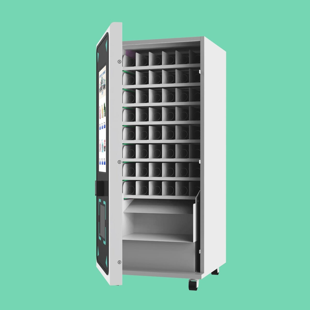Modern snack and candy vending machine with a large touchscreen display and built‑in credit‑card reader