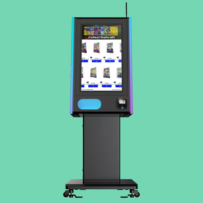 TCG vending machine Mega Wall 2.0 front view on a pedestal stand displaying Pokémon booster pack selection on touchscreen