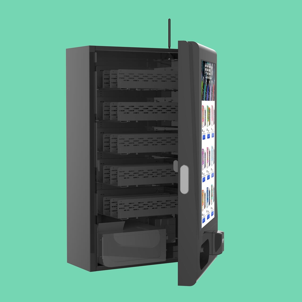 Inside view of the Mega Wall 2.0 vape vending machine revealing 15-aisle capacity and digital touchscreen