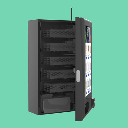 Inside view of the Mega Wall 2.0 vape vending machine revealing 15-aisle capacity and digital touchscreen