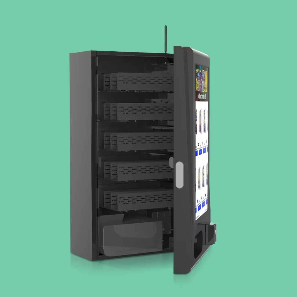 Mega Wall 2.0 Pokémon vending machine open interior view showing empty coil shelf capacity and storage