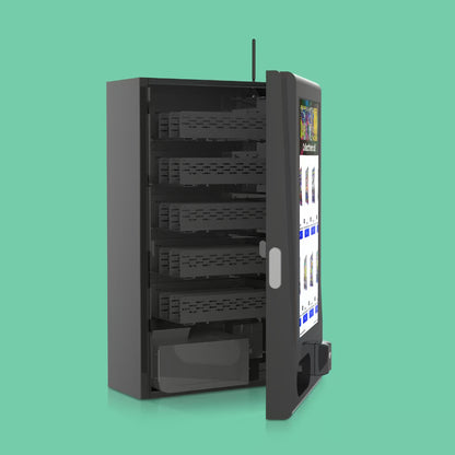 Mega Wall 2.0 Pokémon vending machine open interior view showing empty coil shelf capacity and storage
