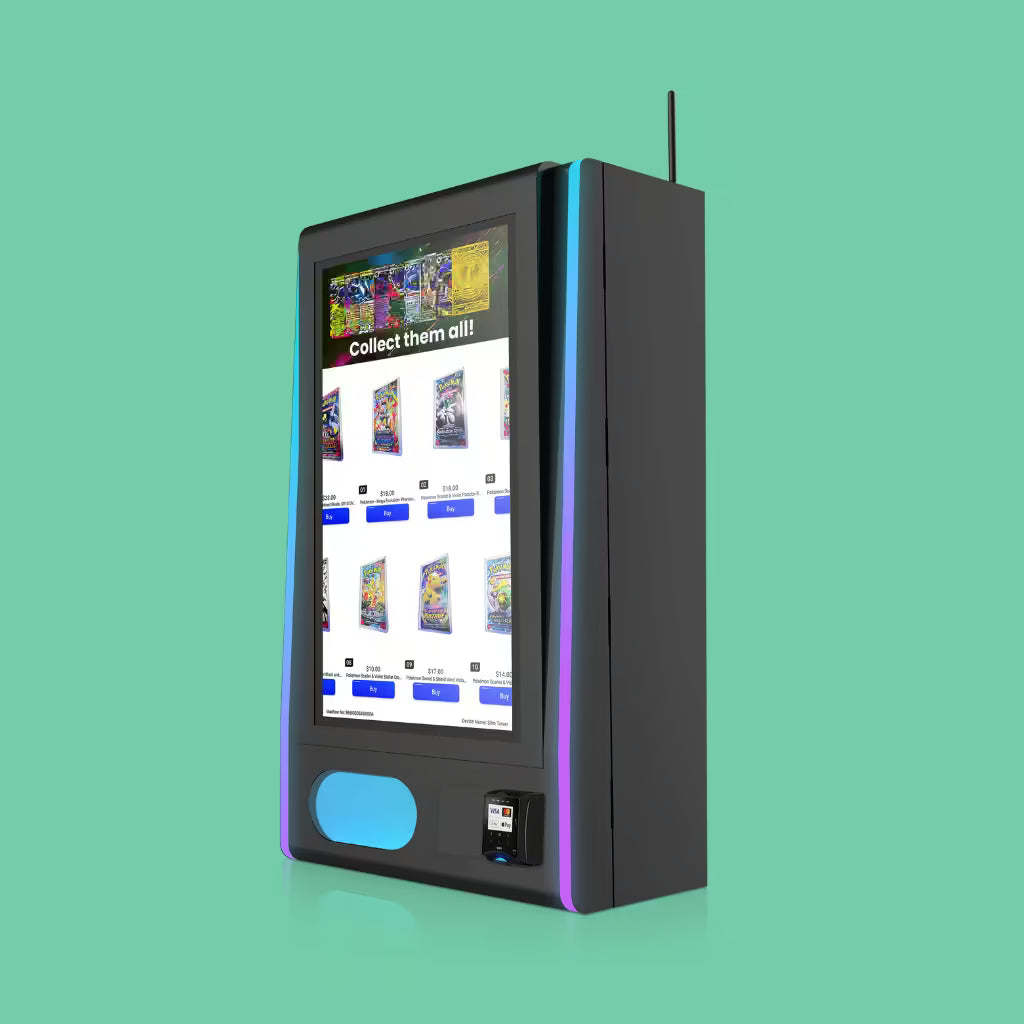Mega Wall 2.0 Pokémon TCG vending machine right side view with touchscreen booster pack display