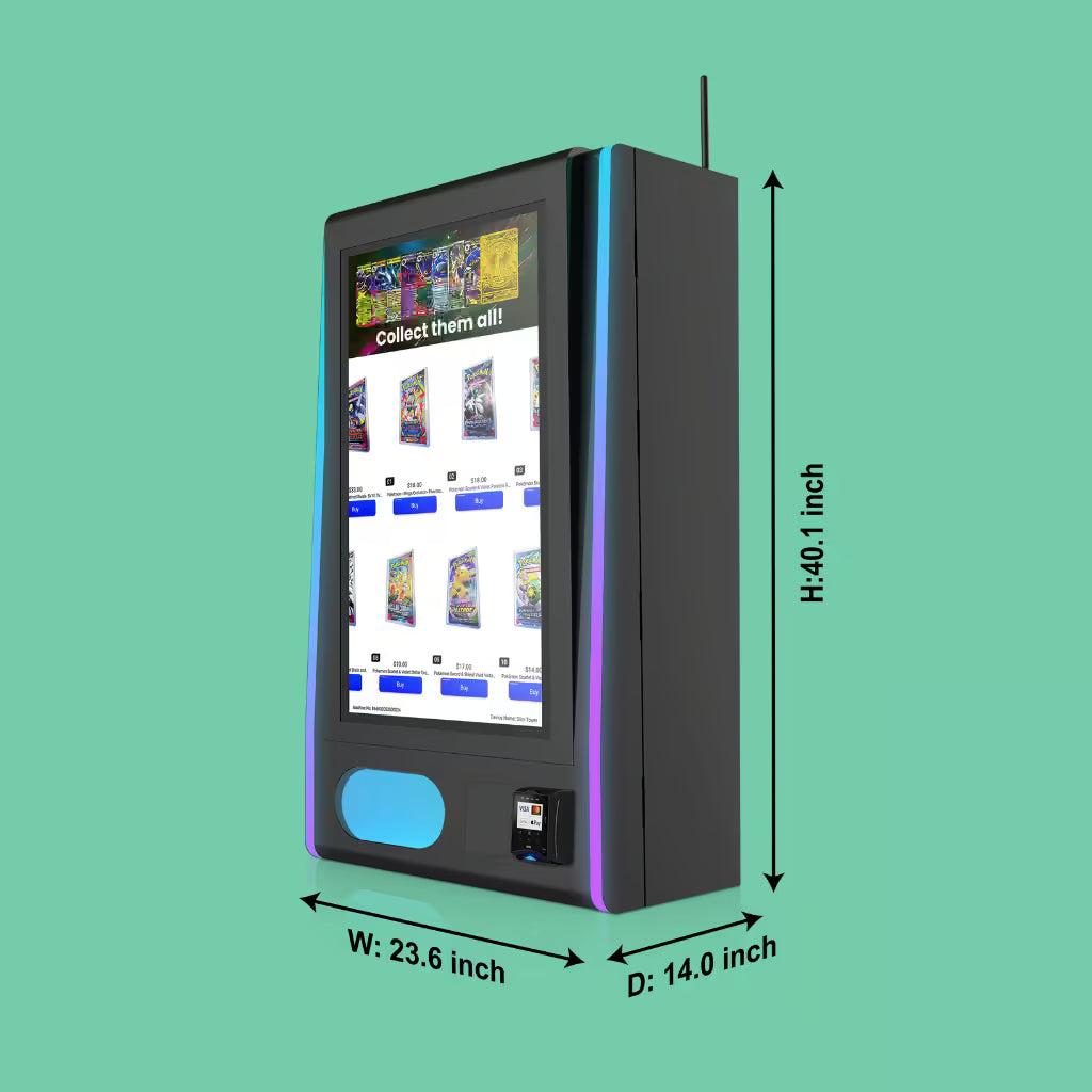 Mega Wall 2.0 vending machine displaying Pokémon TCG booster pack,  size and dimension specifications
