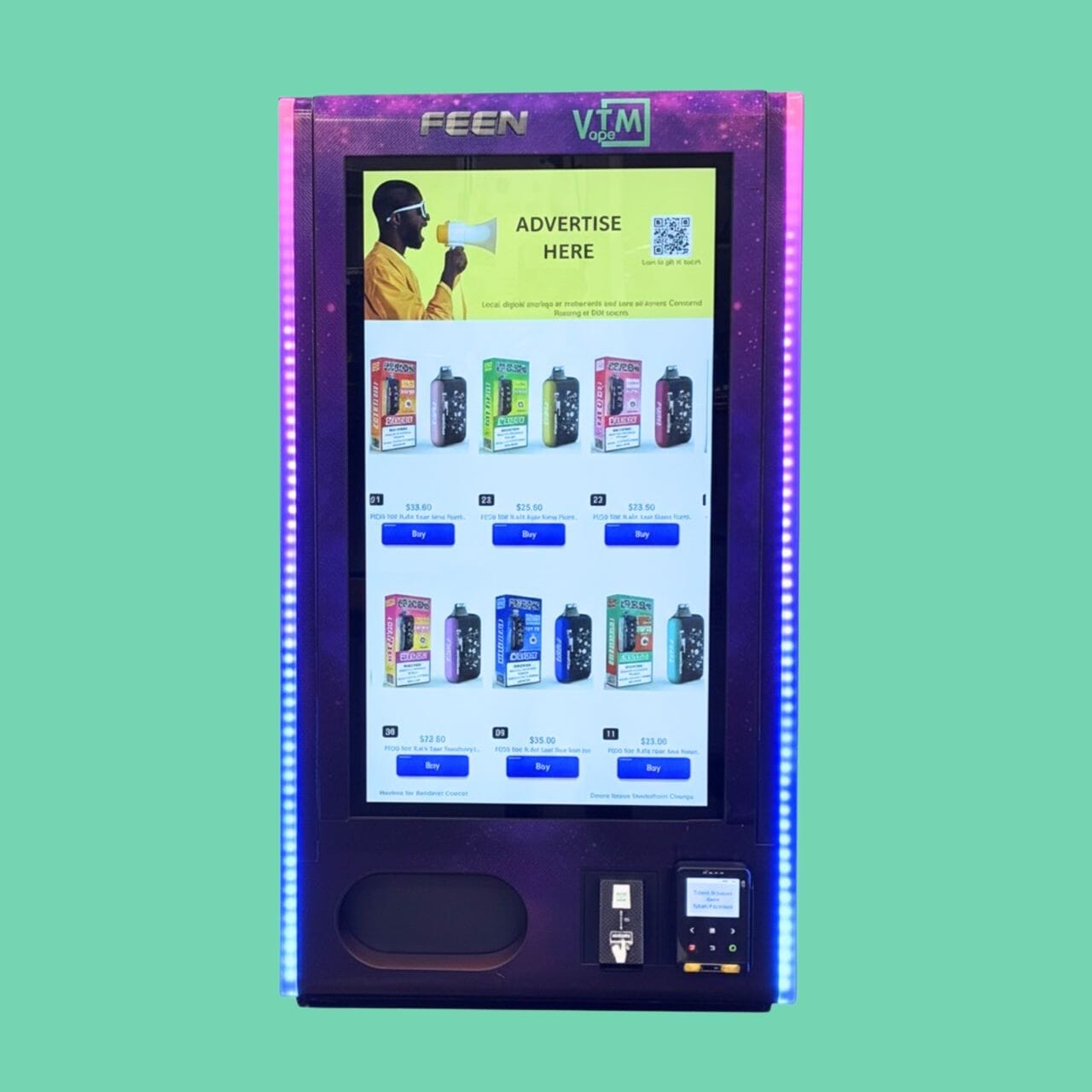 Mega Wall 2 vape vending machine with large touchscreen display, LED side lights, electronic lock, and product menu showing various disposable vape flavors.