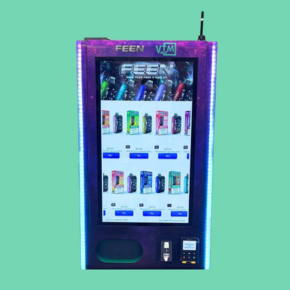 Mega Wall 2 smart vape vending machine with FEEN branding, large touchscreen menu, LED side lighting, and integrated card reader.