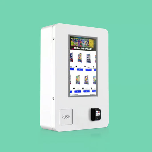 Side view of the Mini Wall Mount TCG vending machine showing its slim compact profile — ideal for wall placement in card shops and retail stores