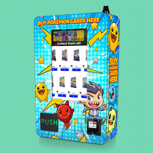 Mini wall vending machine with cartoon characters with a wrap 'Buy Pokémon Cards Here'